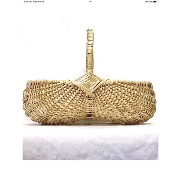 Vtg Hand Woven Blonde Split Oak Butt Egg Linen Antq Basket 19x13” Primitive USA - Picture 4 of 16